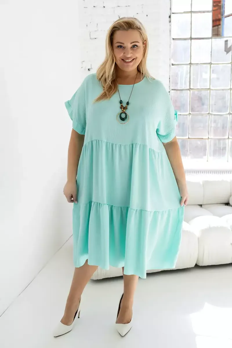 Piparmētru krāsas kleita ar volāniņiem, lielie izmēri i-veikalā jandase.lv