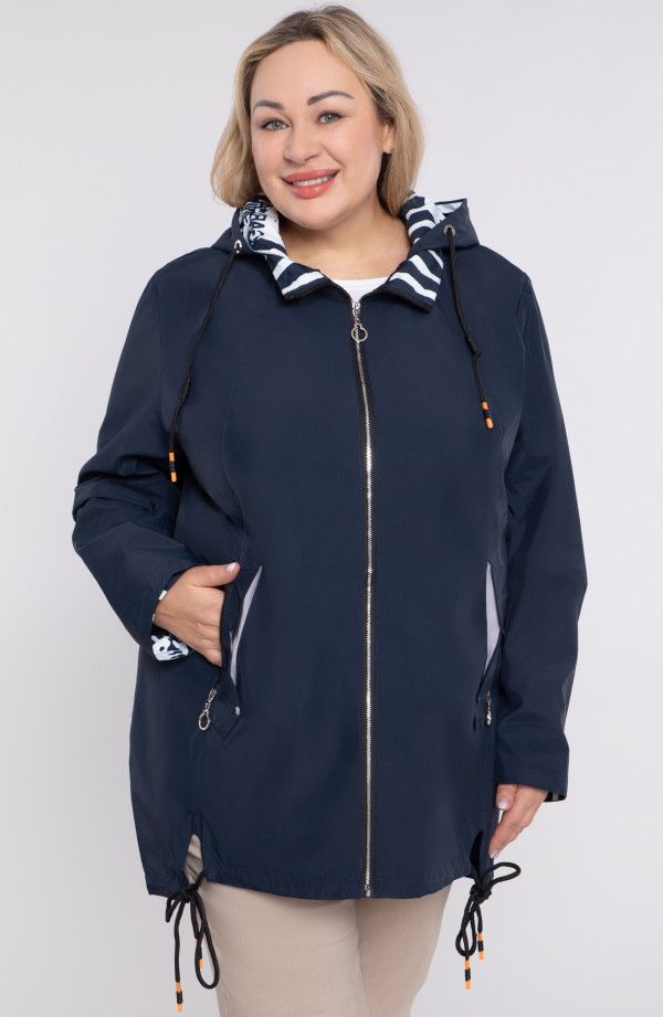 Tumši zila virsjaka ar kapuci, lielie izmēri i-veikalā jandase.lv