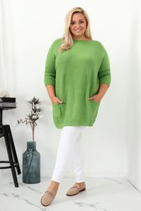 Zaļš džemperis ar kabatām, 3/4 piedurknes - lielie izmēri sievietēm