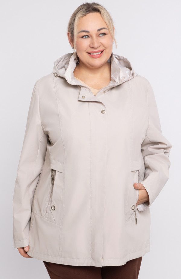 Bēša sieviešu virsjaka ar kapuci, lielie izmēri i-veikalā jandase.lv