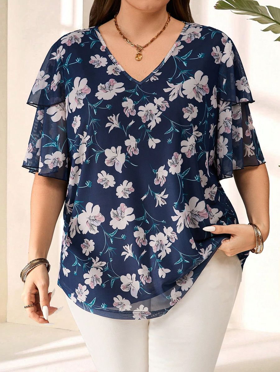 Zila tunika ar gaišiem ziediem, lielie izmēri i-veikalā jandase.lv