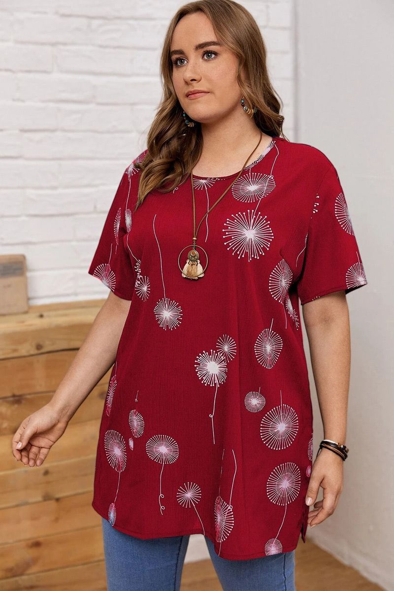 Bordo tunika ar baltiem ziediem, lielie izmēri i-veikalā jandase.lv