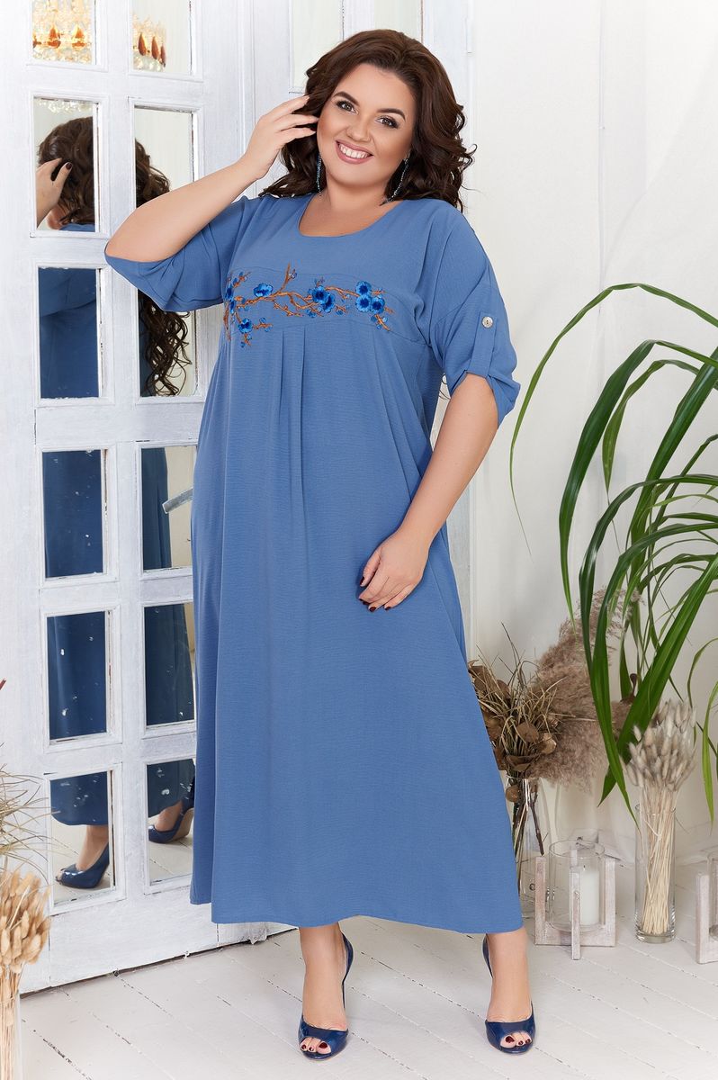 Zila kleita ar izšuvumu, lielie izmēri i-veikalā jandase.lv