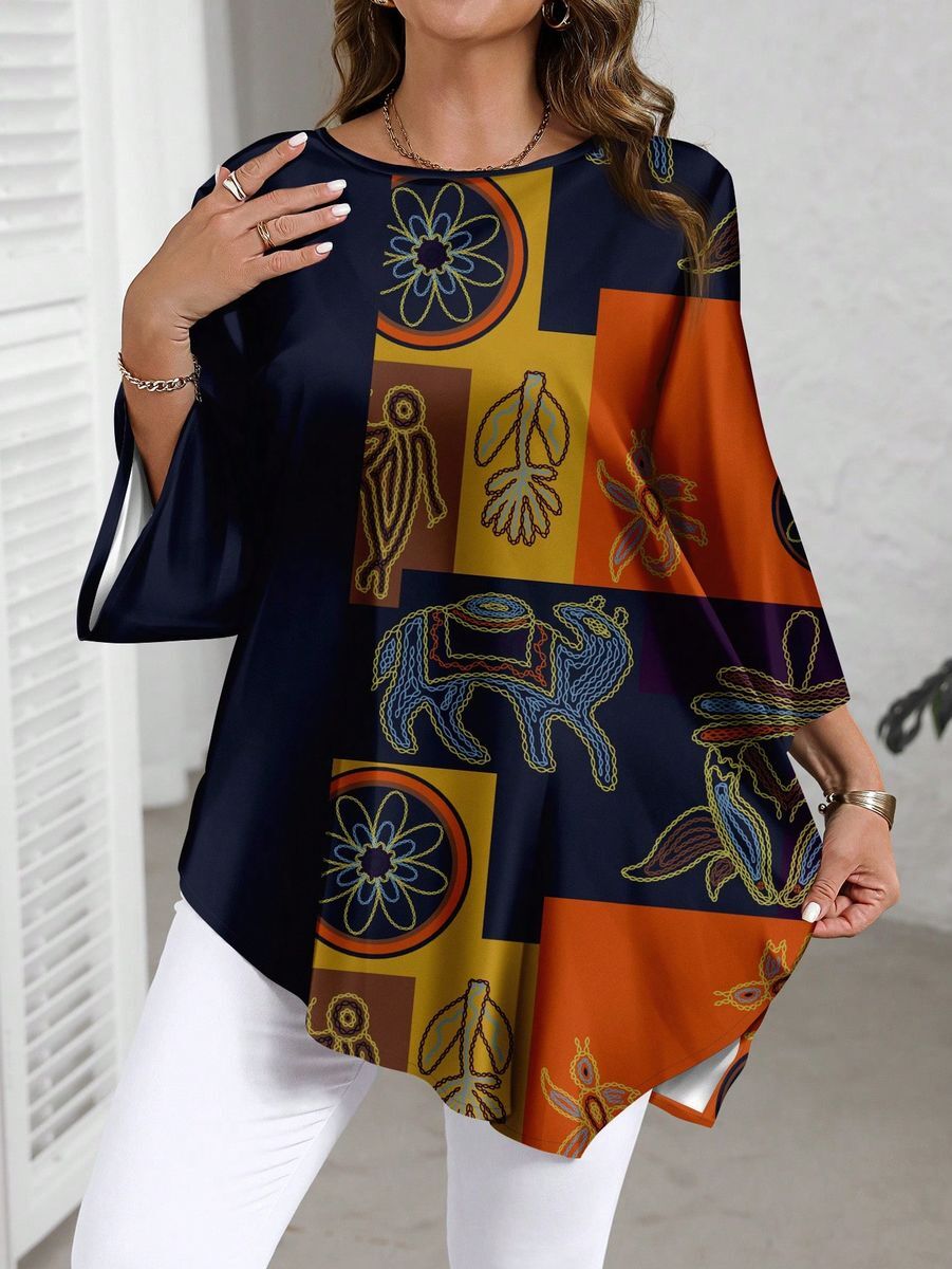 Tumša tunika ar abstraktu rakstu, lielie izmēri i-veikalā jandase.lv