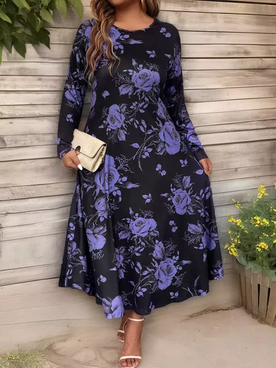 Melna kleita ar violetiem ziediem, lielie izmēri i-veikalā jandase.lv