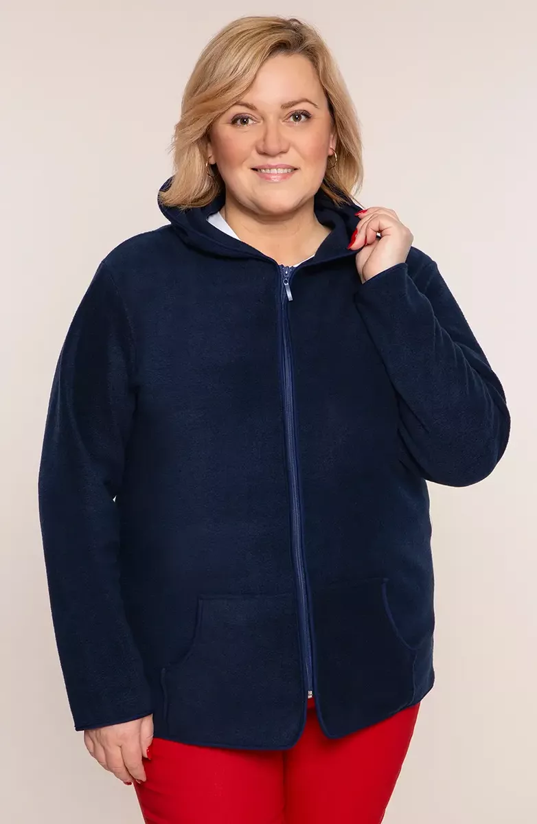 Tumši zila flīsa jaka ar kapuci, lielie izmēri i-veikalā jandase.lv