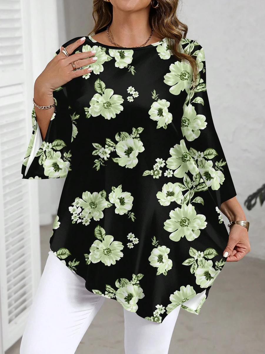 Melna tunika ar zaļiem ziediem, lielie izmēri i-veikalā jandase.lv