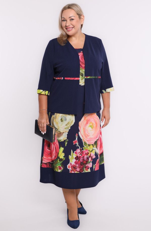 Tumši zils kostīms ar rožu rakstu, lielie izmēri i-veikalā jandase.lv