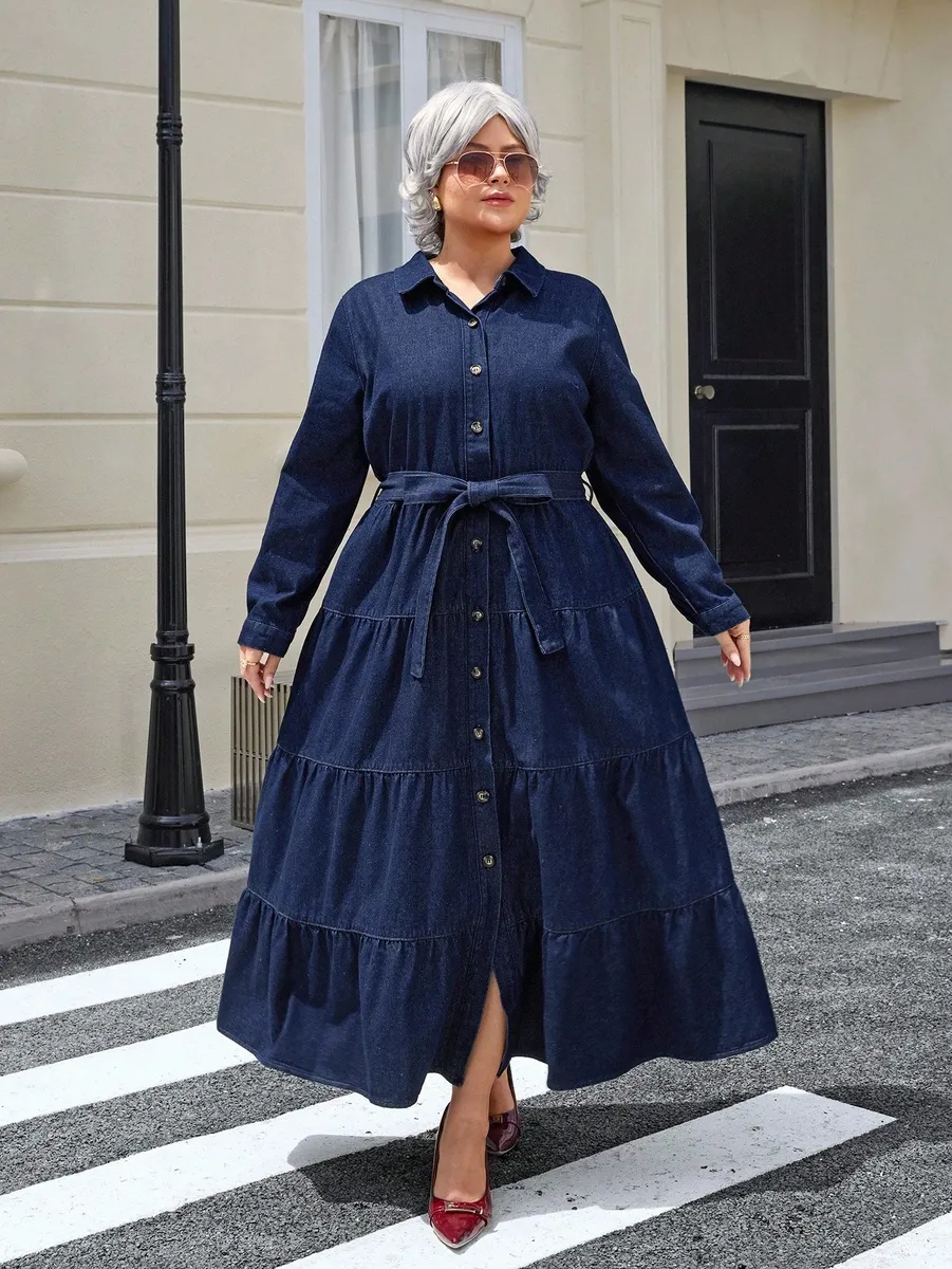 Džinsa auduma kleita ar jostiņu, lielie izmēri i-veikalā jandase.lv