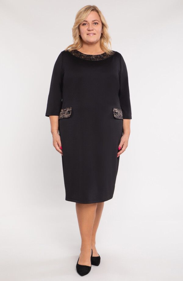 Melna kleita ar zeltītu apdari, lielie izmēri i-veikalā jandase.lv