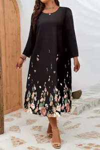 Melna kleita ar krāsainām puķēm - lielie izmēri sievietēm