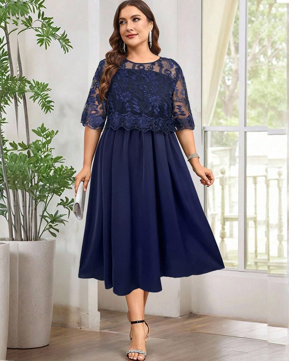 Tumši zila svētku kleita ar mežģīni, lielie izmēri i-veikalā jandase.lv