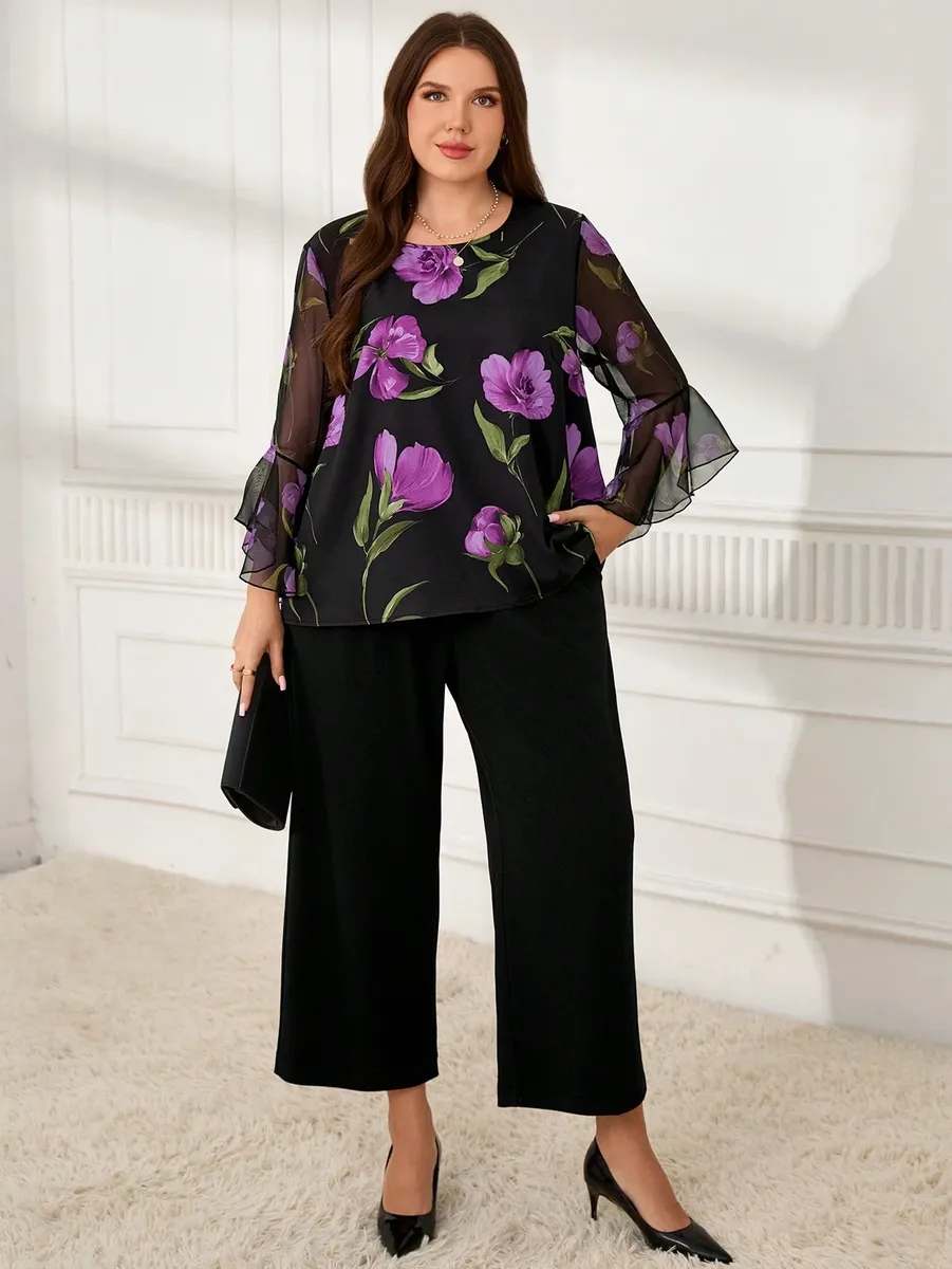 Melns bikškostīms ar puķainu augšdaļu, lielie izmēri i-veikalā jandase.lv