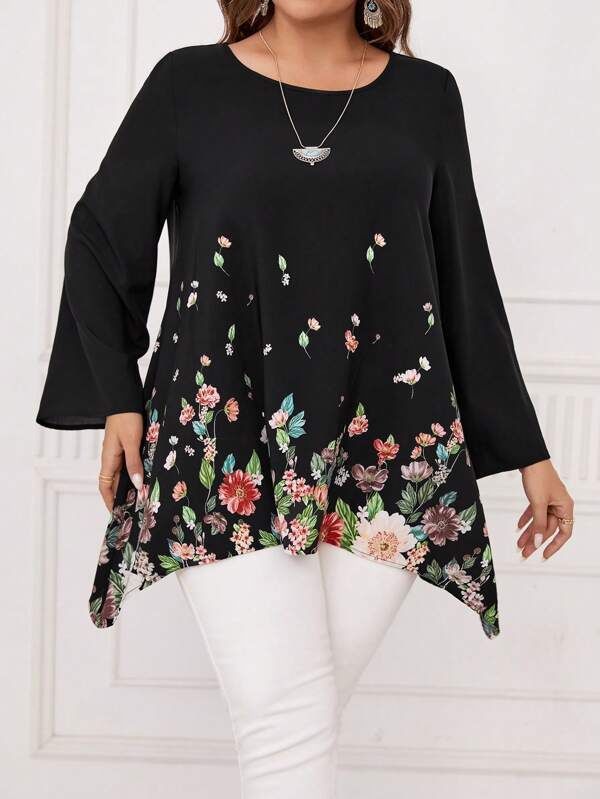 Melna tunika ar krāsainiem ziediem, lielie izmēri i-veikalā jandase.lv