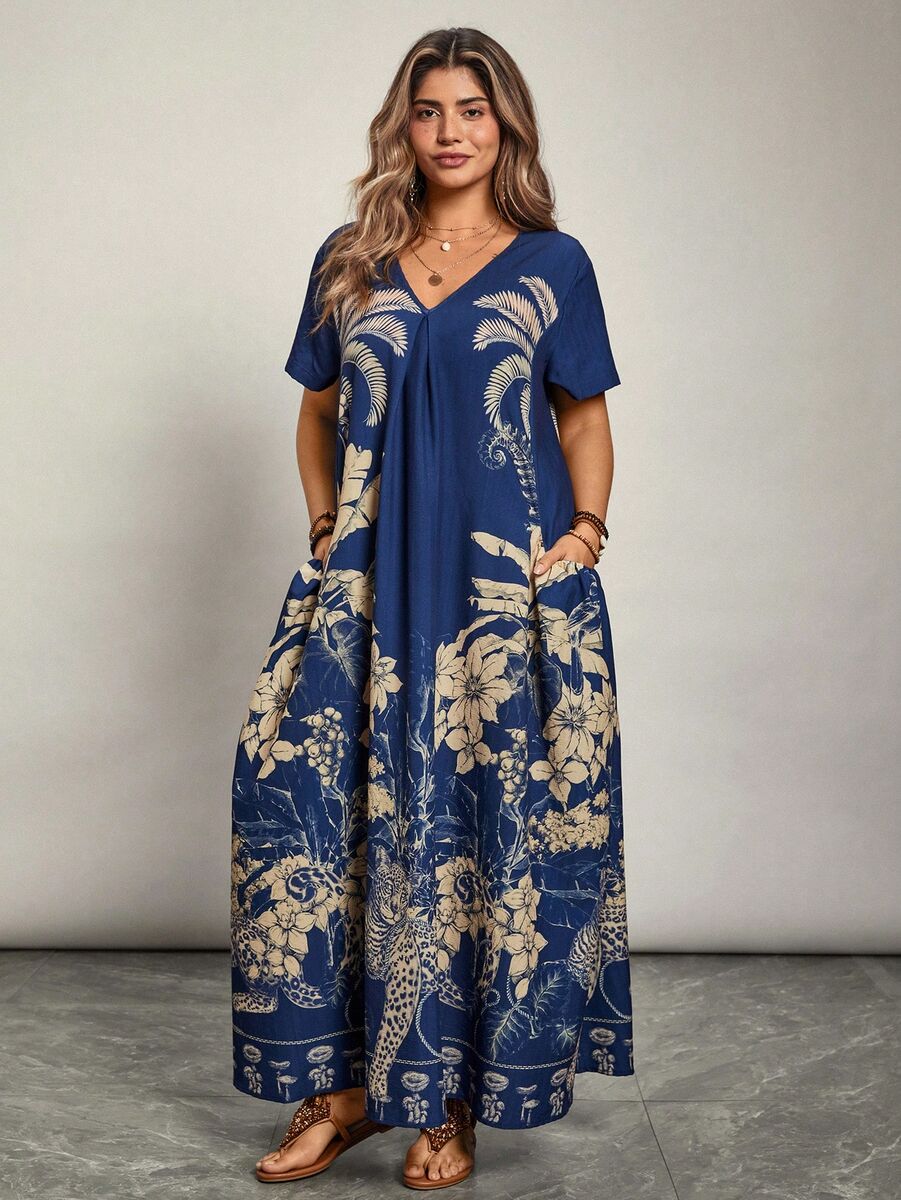 Zila garā kleita ar rakstu, lielie izmēri i-veikalā jandase.lv