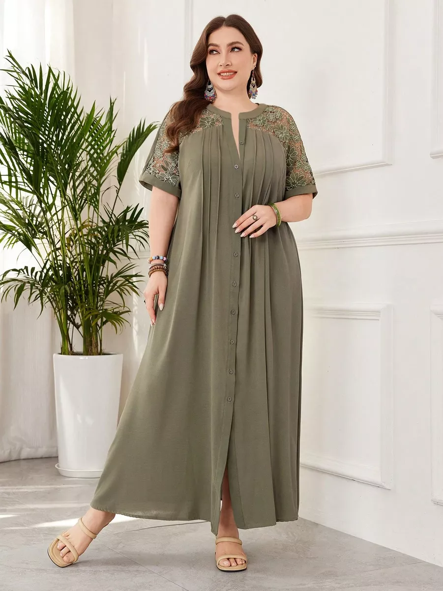 Haki zaļa halātkleita ar mežģīņu piedurknēm, lielie izmēri i-veikalā jandase.lv