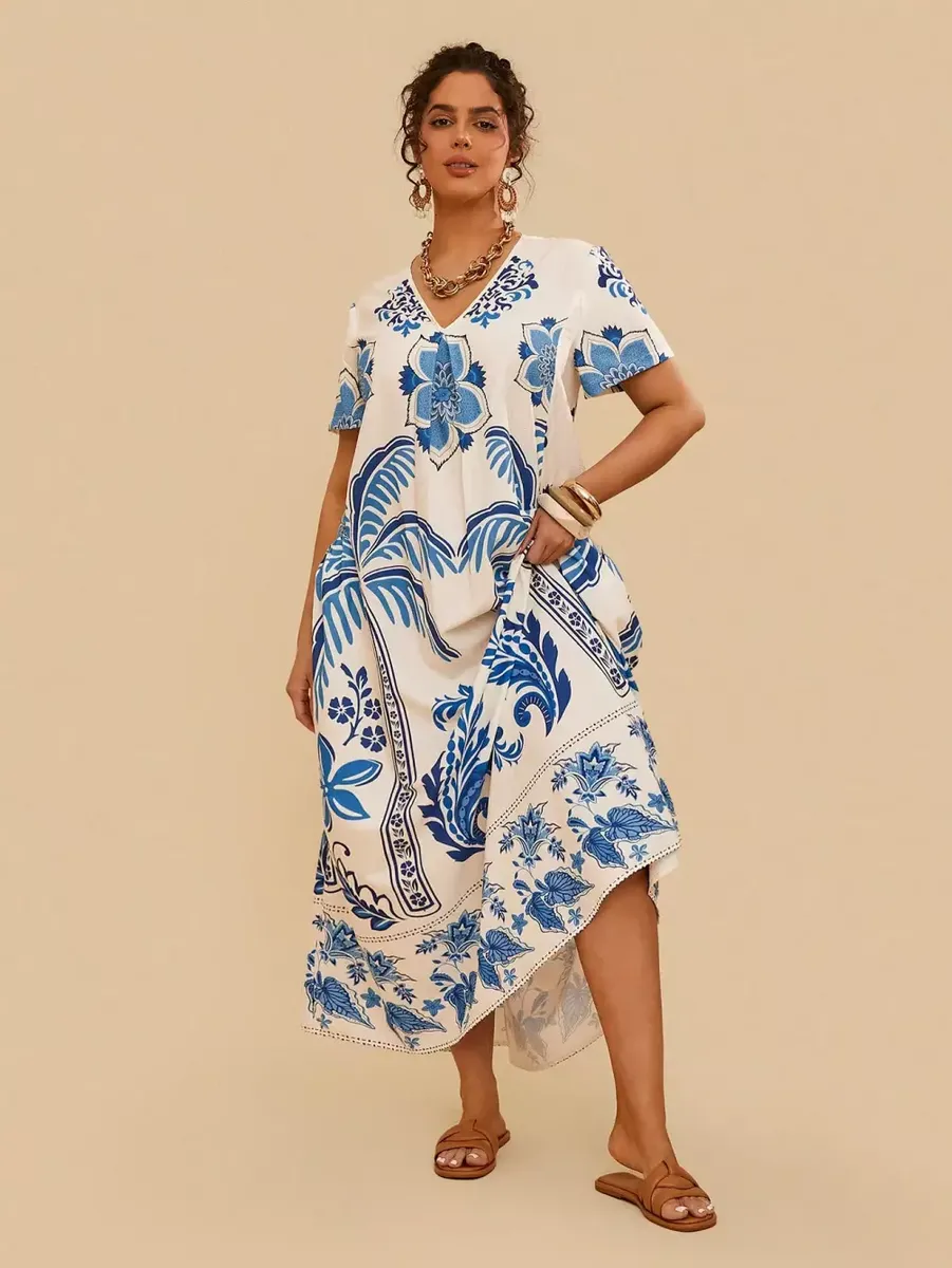 Balta maksi kleita ar ziliem ziediem, lielie izmēri i-veikalā jandase.lv