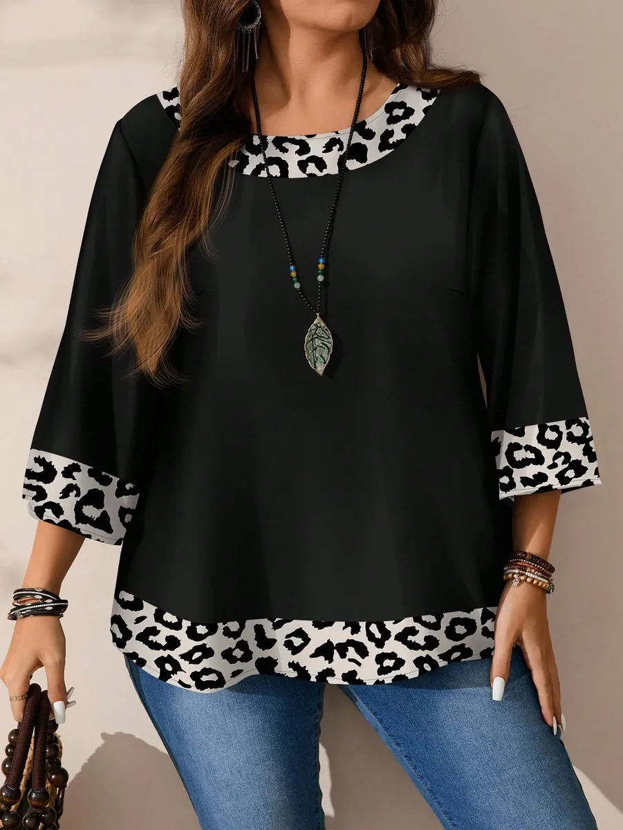 Melna tunika ar leoparda raksta joslām, lielie izmēri i-veikalā jandase.lv