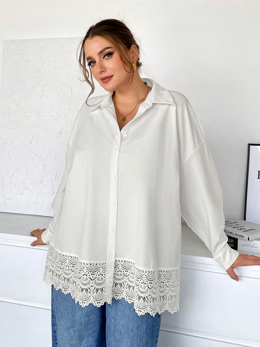 Lielāka izmēra balta blūze ar mežģīni, lielie izmēri i-veikalā jandase.lv