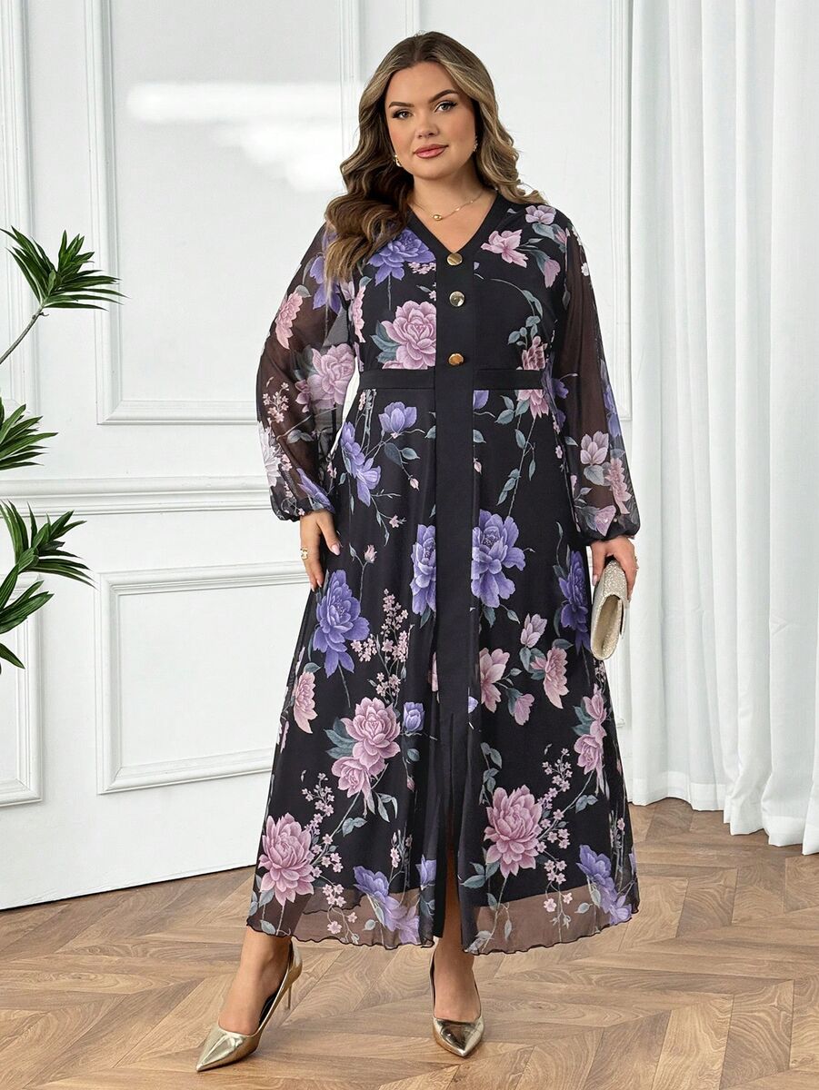 Melna kleita ar ziedu apdruku, lielie izmēri i-veikalā jandase.lv