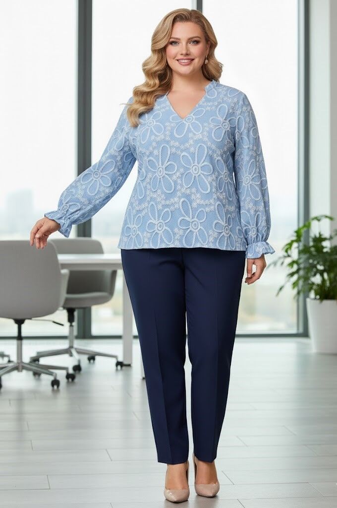 Gaiši zila blūze ar aplikāciju, lielie izmēri i-veikalā jandase.lv