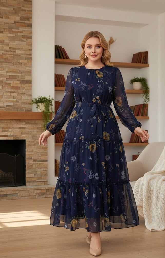 Tumši zila kleita ar romantisku ziedu apdruku, lielie izmēri i-veikalā jandase.lv