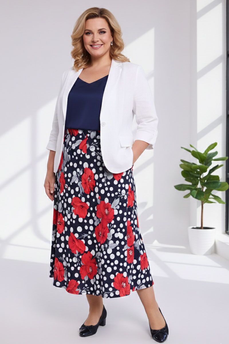 Svārki ar sarkanu ziedu rakstu un punktiņiem, lielie izmēri i-veikalā jandase.lv