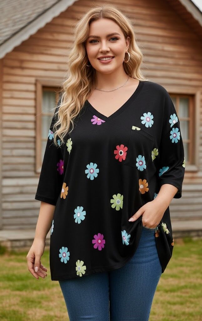 Melna tunika ar košu ziedu rakstu, lielie izmēri i-veikalā jandase.lv