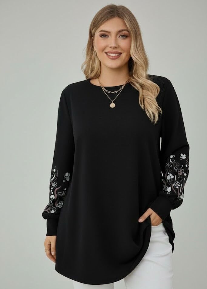 Melna tunika ar krāsainām piedurknēm, lielie izmēri i-veikalā jandase.lv