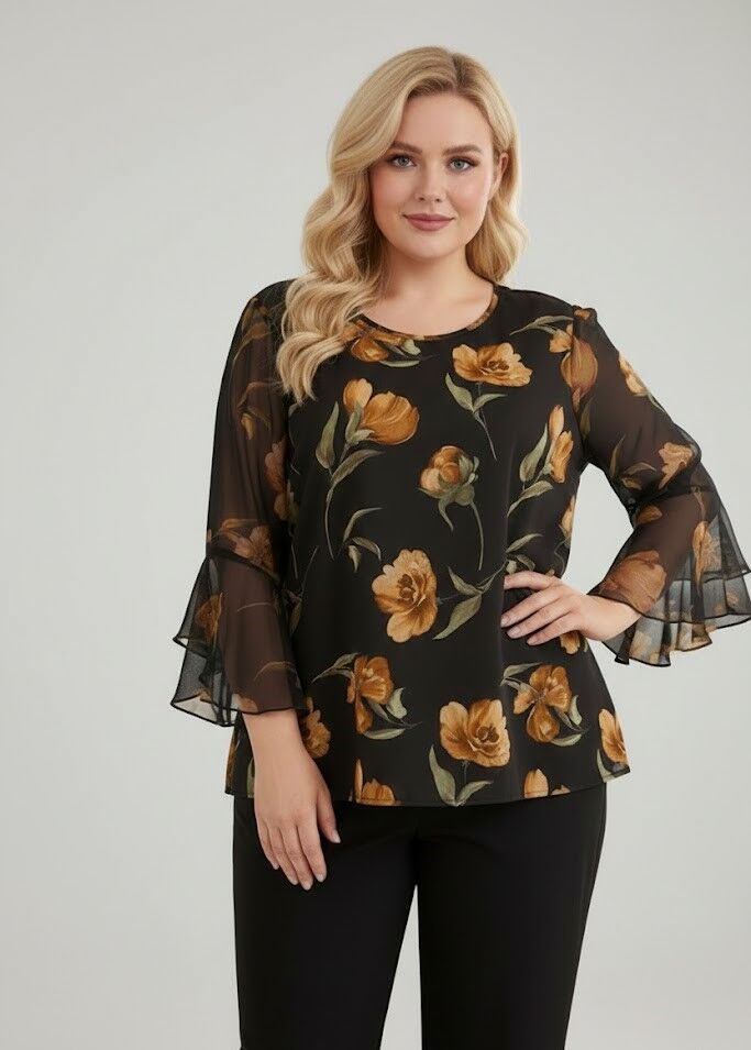 Tunika ar ziedu apdruku, lielie izmēri i-veikalā jandase.lv