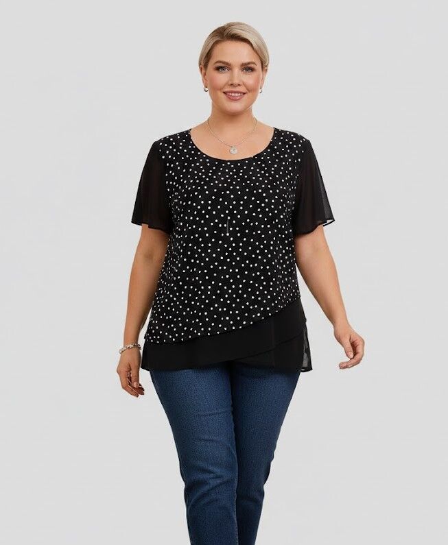 Melna tunika ar baltiem punktiņiem, lielie izmēri i-veikalā jandase.lv