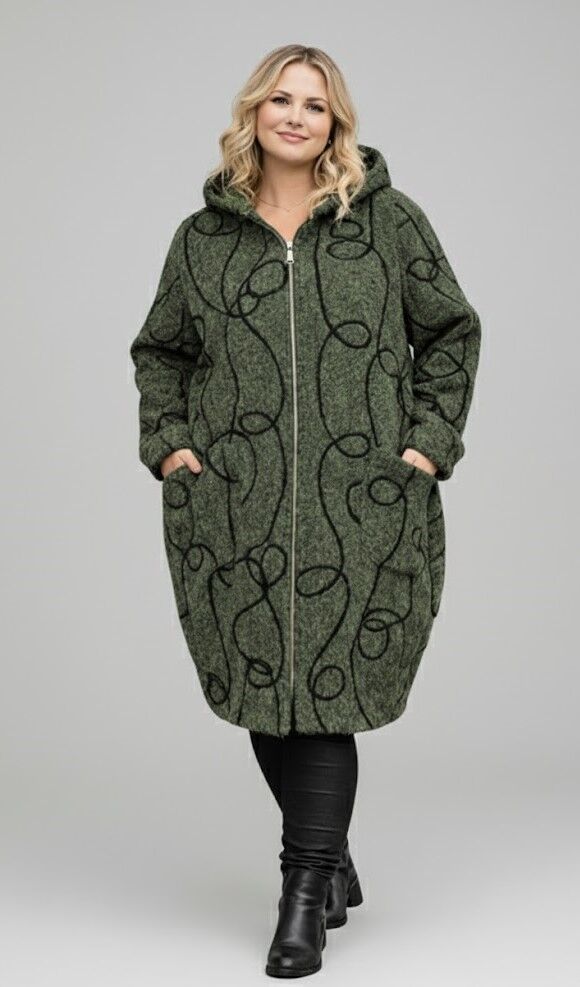 Zaļš vilnas auduma mētelis, lielie izmēri i-veikalā jandase.lv