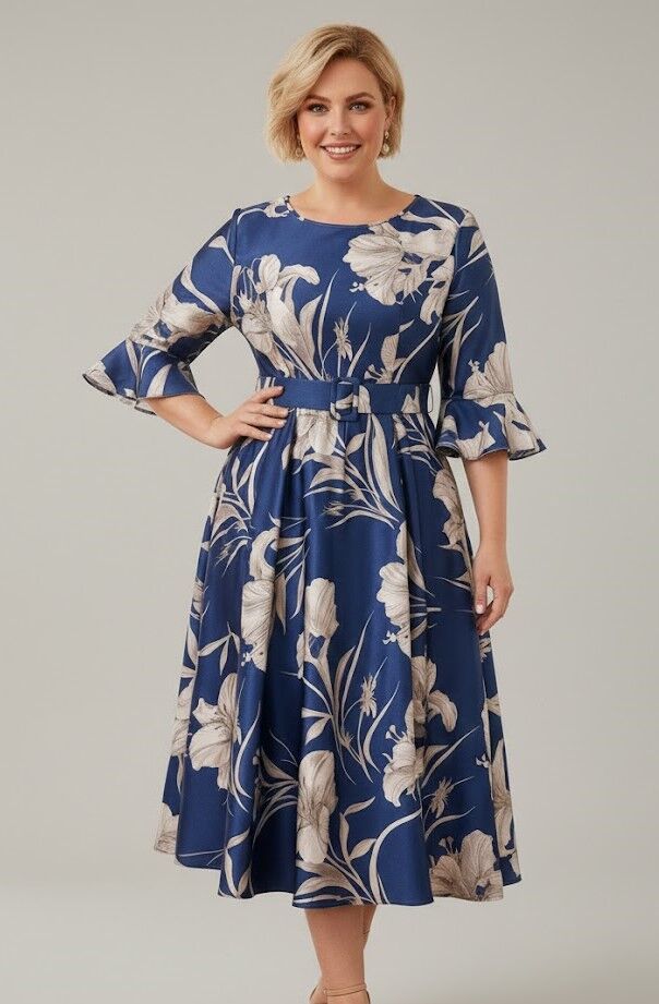 Zila kleita ar ziediem, lielie izmēri i-veikalā jandase.lv