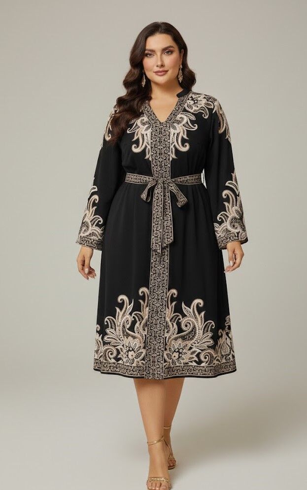 Melna kleita ar rakstu, lielie izmēri i-veikalā jandase.lv