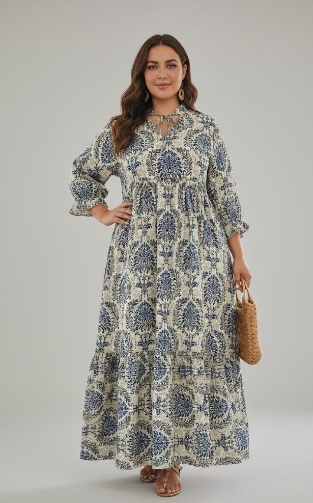 Garā kleita ar zilu rakstu, lielie izmēri i-veikalā jandase.lv