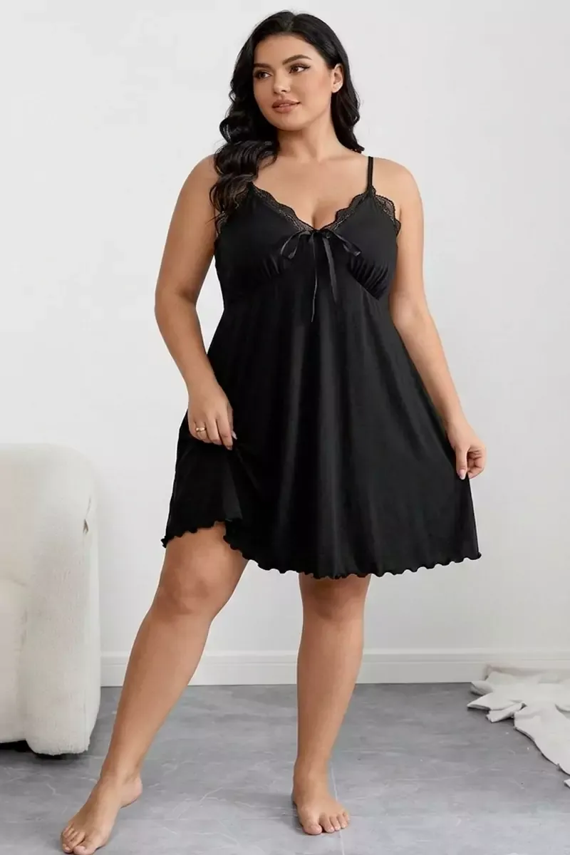 Melns sieviešu naktskrekls ar lencītēm, lielie izmēri i-veikalā jandase.lv