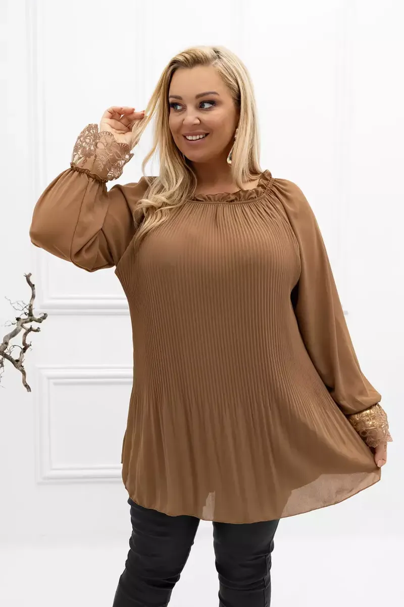 Brūna gofrēta šifona blūze, lielie izmēri i-veikalā jandase.lv