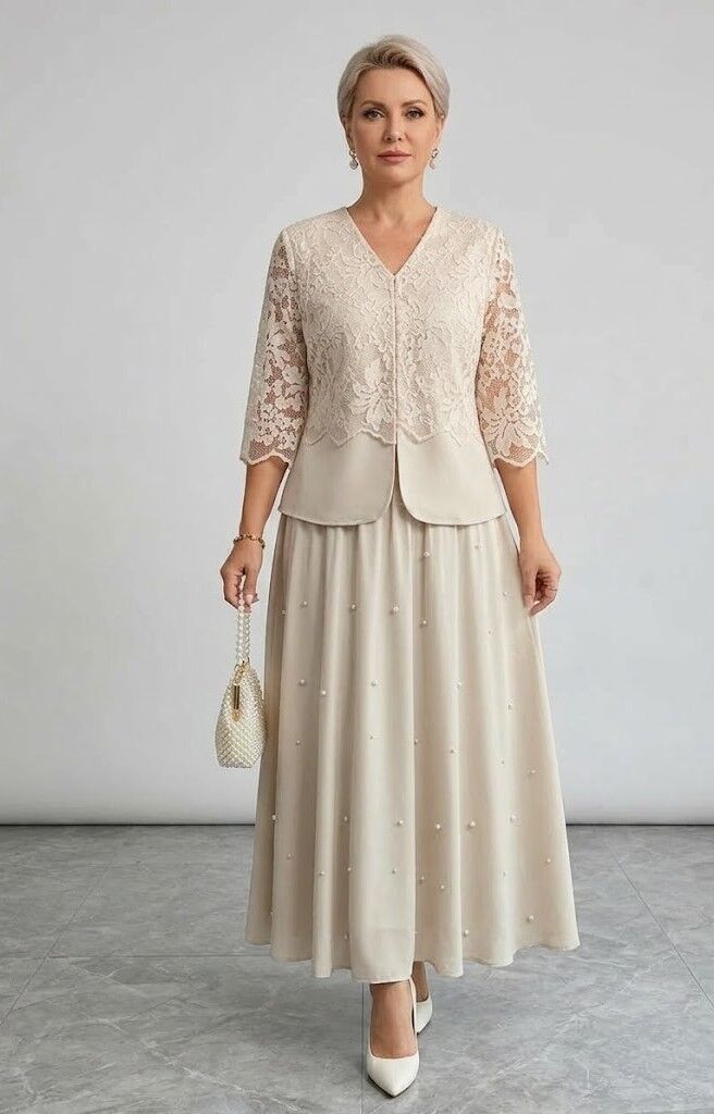 Gaišs kostīms ar pērlītēm, lielie izmēri i-veikalā jandase.lv