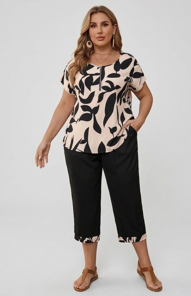 Kostīms ar melnām biksēm, lielie izmēri i-veikalā jandase.lv