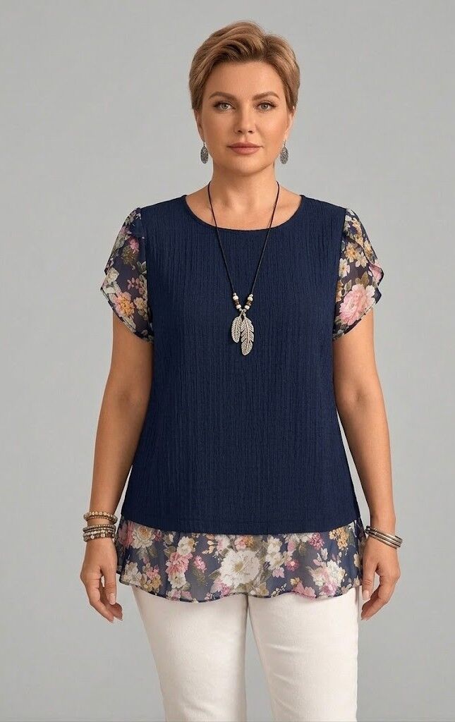 Zila tunika ar šifona piedurknēm, lielie izmēri i-veikalā jandase.lv