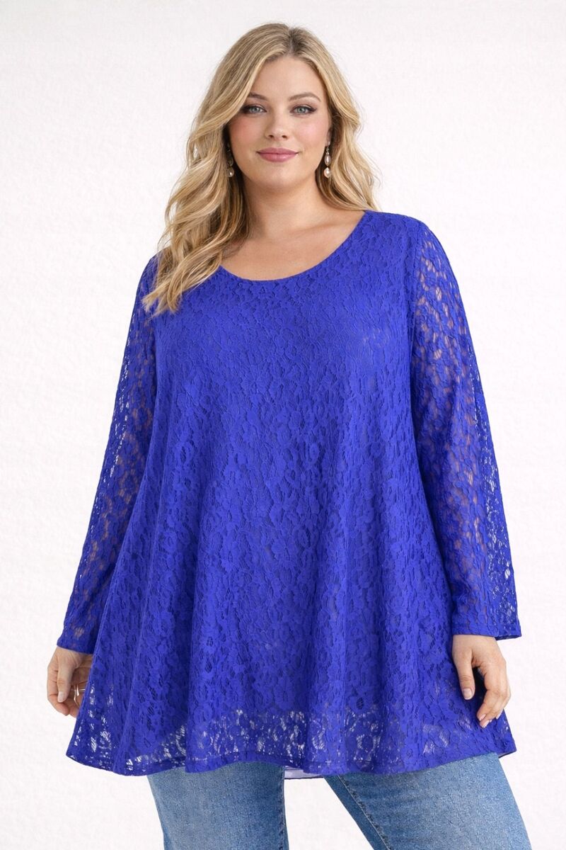 Zila mežģīņu tunika, lielie izmēri i-veikalā jandase.lv