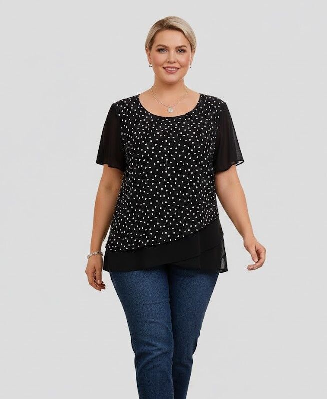 Melna sieviešu tunika ar baltiem punktiņiem, lielie izmēri i-veikalā jandase.lv
