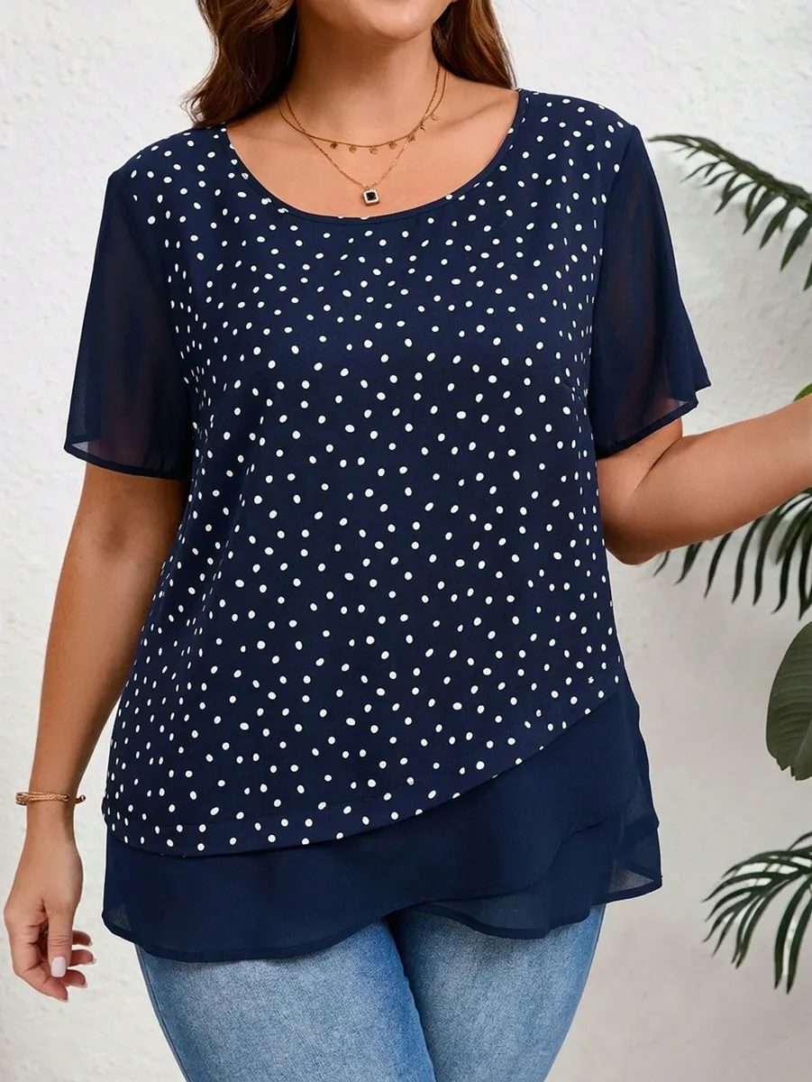 Zila tunika ar baltiem punktiņiem, lielie izmēri i-veikalā jandase.lv