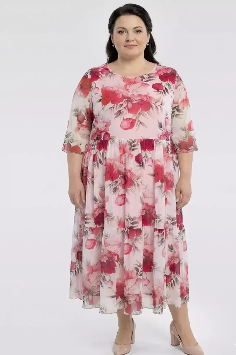 Svētku kleita ar sarkaniem un rozā ziediem, lielie izmēri i-veikalā jandase.lv