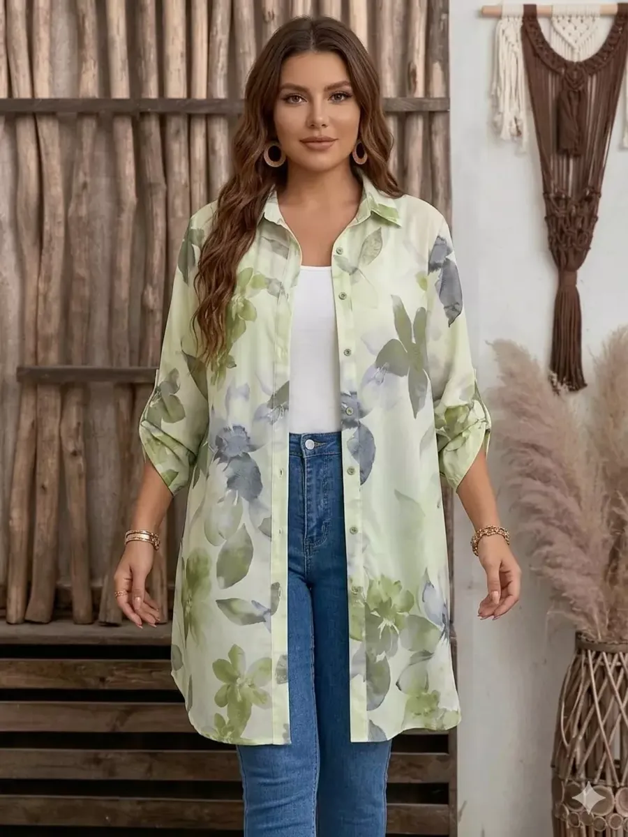 Sieviešu blūze ar ziediem zaļganos toņos, lielie izmēri i-veikalā jandase.lv