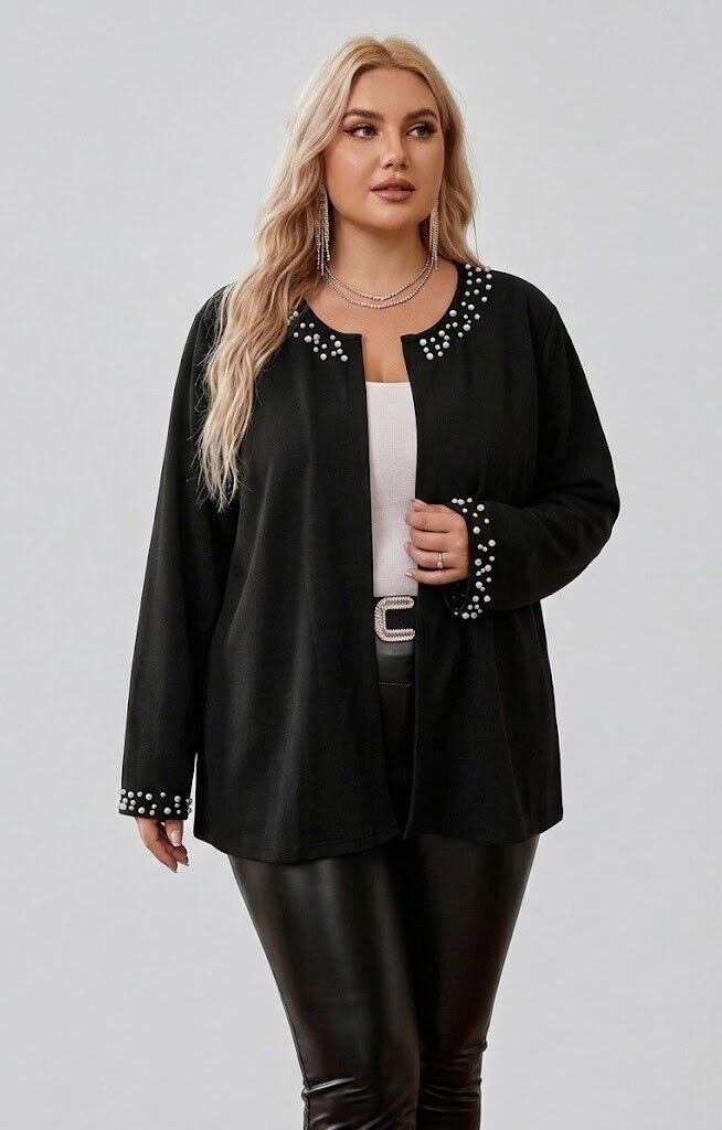 Melns kardigans ar pērlītēm, lielie izmēri i-veikalā jandase.lv