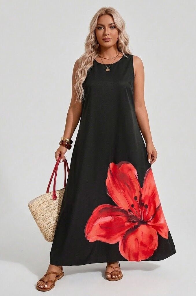 Melna kleita ar ziedu, lielie izmēri i-veikalā jandase.lv