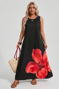 Melna kleita ar ziedu - lielie izmēri sievietēm