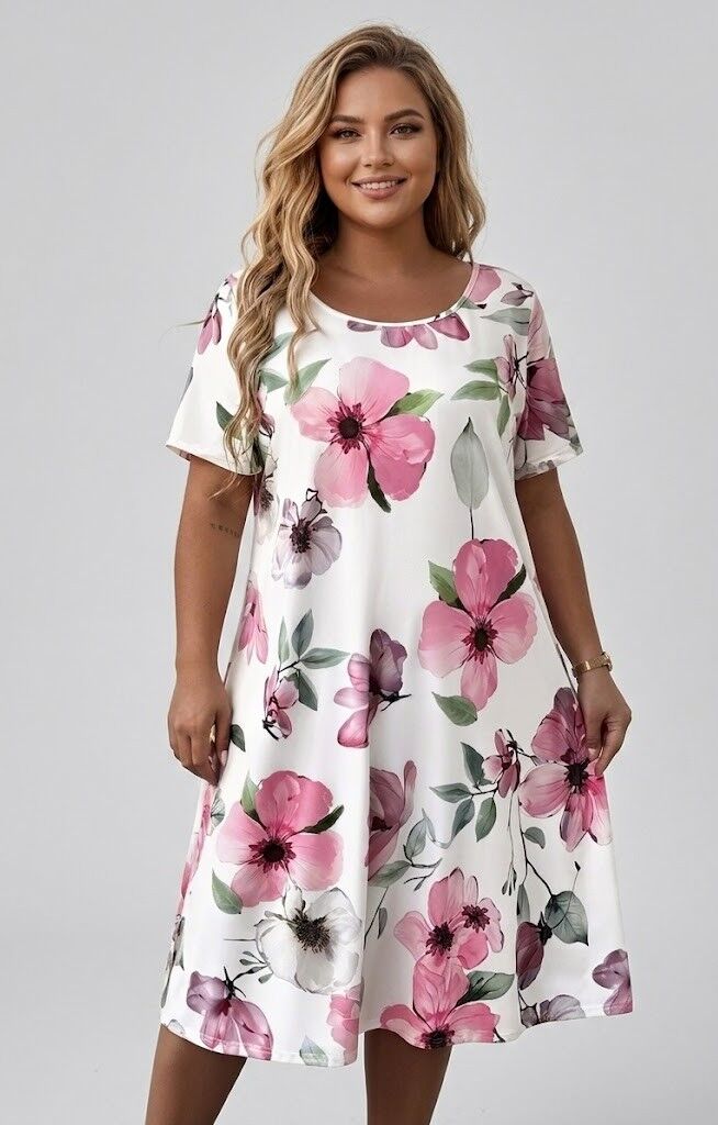 Gaiša kleita ar ābeļziediem, lielie izmēri i-veikalā jandase.lv