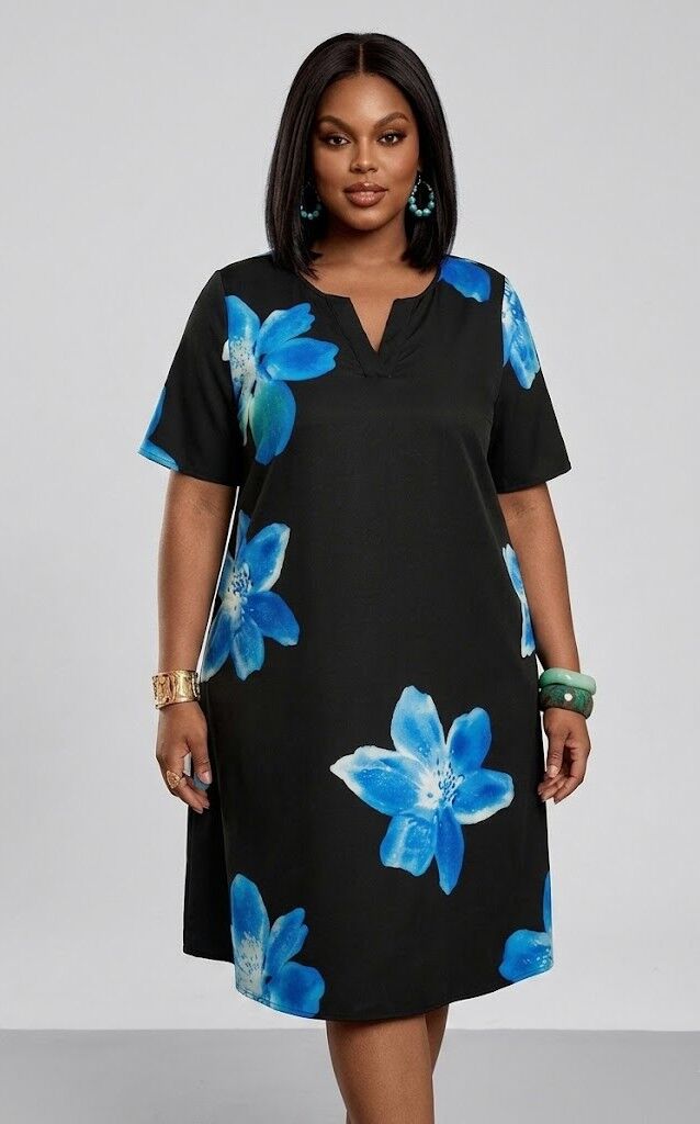 Melna kleita ar ziliem ziediem, lielie izmēri i-veikalā jandase.lv